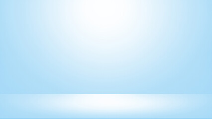 Obraz premium Clean minimalist light blue studio background with smooth floor and wall. A soft overhead spotlight creates bright professional display area ideal for product mockups and showcases