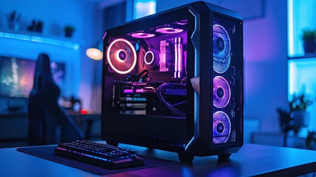 High-performance computer with colorful LED lights, keyboard, and monitor in the background, showcasing modern technology.