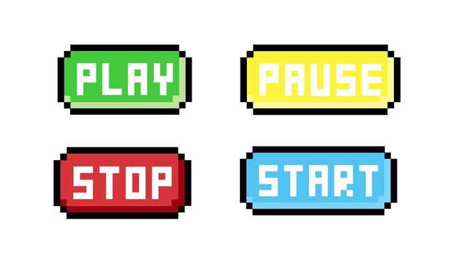 Classic pixel art media control buttons set featuring vivid green play, yellow pause, red stop, and blue start icons, ideal for vintage gaming and digital UI elements