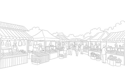 Fototapeta premium Outlined Illustration of a Busy Outdoor Market with Stalls and People