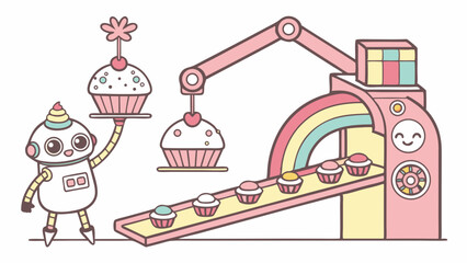 Cute Robot Factory Producing Adorable Cupcakes for Bakery Promotion or Sweet Treat Website Design