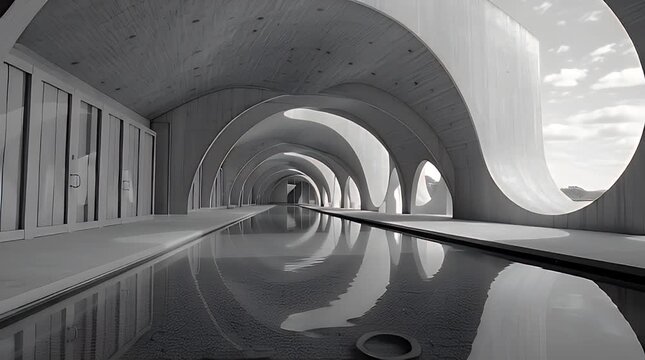 Arched, modern, grey structure with a reflecting pool along the center. Landscape visible at end
