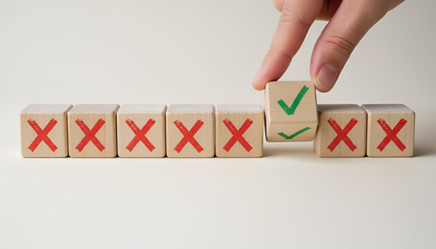 Correcting the Course: Green Check Replacing Red Xs in Block Row for Compliance and Quality
