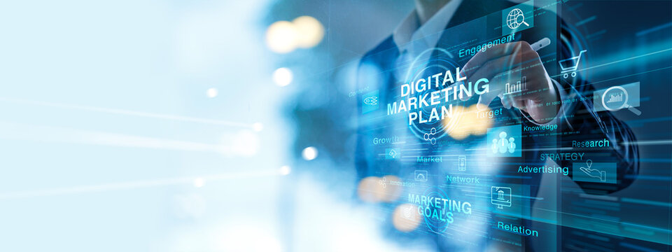Digital marketing commerce online, Marketing Strategies and Goals to meet customer needs, creating modern and effective experiences. SEO SEM SMM PPC, Internet, Advertising, Social media, Search.