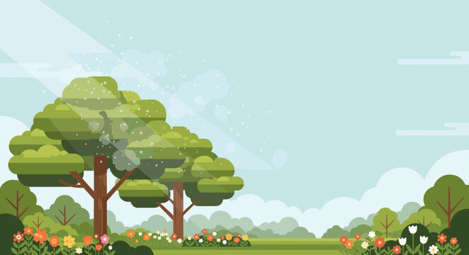 Seasonal Allergy Spring Landscape with Blooming Trees, Airborne Pollen and Soft Sky Creating Health Awareness Background with Copy Space