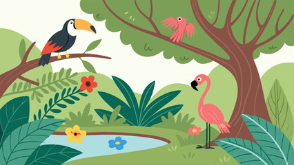 Naklejka premium Vibrant Tropical Rainforest Scene with Toucan Flamingo and Lush Jungle Flora for Nature Education and Travel Web Design Backgrounds