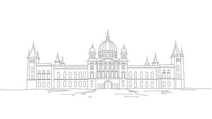 Fototapeta premium Detailed Architectural Line Drawing of Grand Building with Dome and Towers
