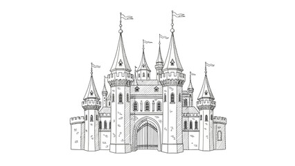 Fototapeta premium Detailed Hand-Drawn Castle Illustration with Towers, Flags, and Gate.