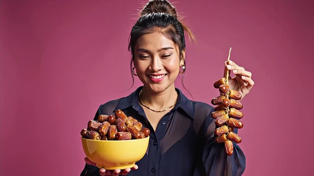 Young woman enjoying satay with peanut sauce and meat skewers.