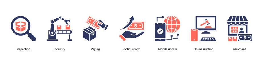 Modern Retail Solutions web banner icon vector illustration featuring Inspection, Industry 4.0, Paying, Profit Growth, Mobile Access, Online Auction, and Merchant.