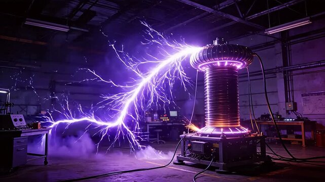 Tesla coil emitting purple lightning in workshop
