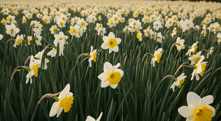 Fototapeta premium Vibrant daffodils in a lush green field swaying gently in the sunlight natural spring landscape