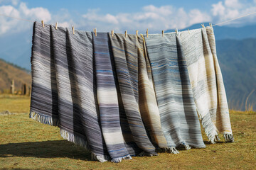 Woolen blanket with ethnic pattern and fur rug on a mountain landscape background