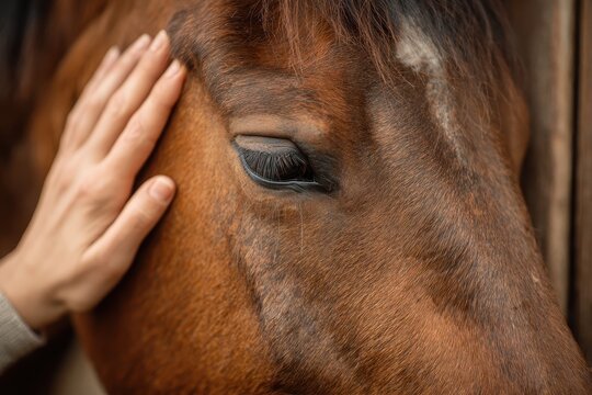Female hand gently stroking the head of a brown horse in a serene barn setting during the golden hour of sunset