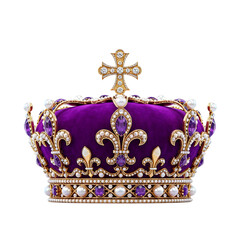 Royal crown with gold and purple jewels isolated on transparent background