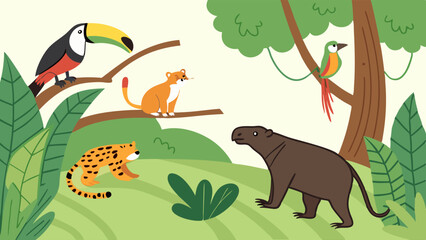 Naklejka premium Vibrant Amazon Rainforest Wildlife Scene Featuring Jaguar Toucan and Capybara for Educational Materials and Nature Websites