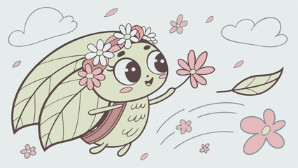 Cute Spring Fairy Leaf Creature Flying with Flowers for Children's Book Illustration or Seasonal Greeting Card Design