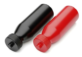Fototapeta premium Black and Red Squeeze Bottles on White Background - Condiment Containers
