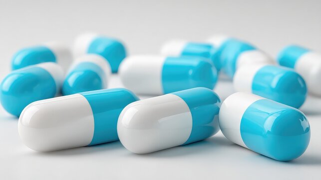 Group of Blue and White Capsule Pills Pharmacy Medication Healthcare Treatment Antibiotics Pharmaceutical Medicine Antibacterial Drugs Painkillers Remedy Medical Concept Cure