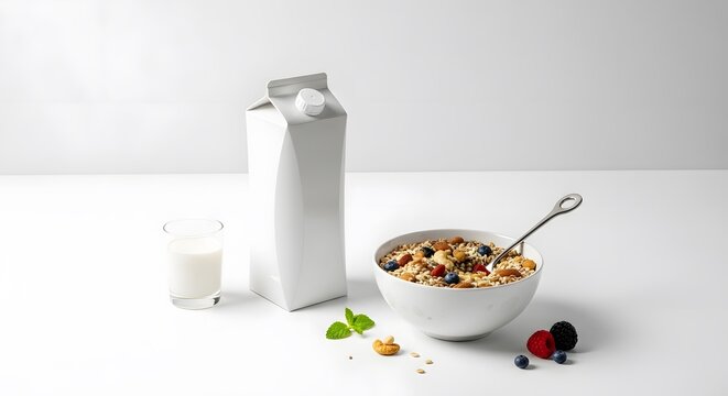Bowl of oatmeal with fruit and milk carton
