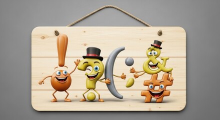 Funny Cartoon Characters on Wooden Sign.