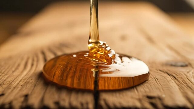 Close up shot of golden honey slowly dripping on a rustic wooden surface creating a perfect puddle