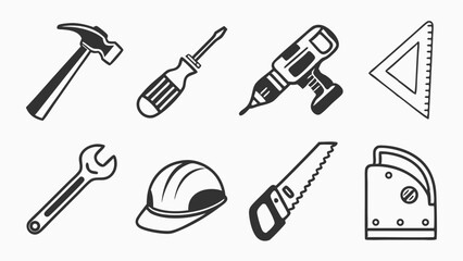 Obraz premium Construction Tools Icon Set Hammer Drill Wrench Safety Hard Hat for Home Repair Renovation Web Design Projects