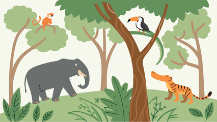 Obraz premium Vibrant Jungle Scene with Elephant Monkey Tiger Toucan and Crocodile for Children's Book Illustration or Educational Website Design
