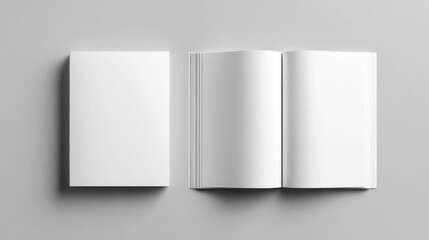 Blank open book and closed cover mockup on a neutral gray background