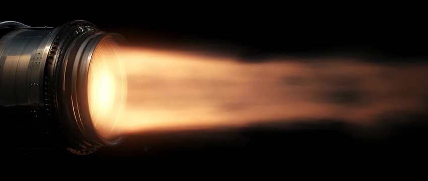 Futuristic engine blasting fiery orange energy beam