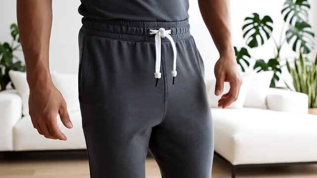 Modern gray sweatpants with drawstring in stylish living room setting showcase