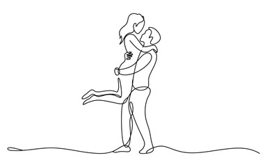 Man lifting woman, romantic couple embrace line art