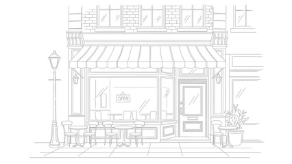 Obraz premium Detailed Line Drawing of a Charming Cafe Exterior with Awning and Tables