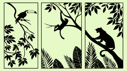 Obraz premium Jungle Wildlife Silhouette Panels Toucan Monkey Leopard Tree Foliage Design Element for Travel Education or Nature Projects