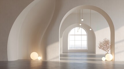 Architectural Symphony: A serene interior, featuring a sequence of elegant arches, bathed in soft, natural light, and adorned with minimalist d&eacute;cor. 