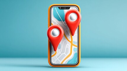 Smartphone displaying a map with two red location pins, symbolizing navigation and travel