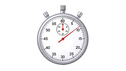 Silver stopwatch with red second hand and white face isolated on transparent background