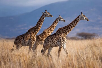Obraz premium Masai giraffes walking gracefully through dry grass in the savanna during the golden hours of the day