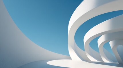 Architectural Curves: The image showcases a modern building with a stunning design of elegant, curved elements set against a backdrop of a clear, vivid sky, showcasing architectural artistry.