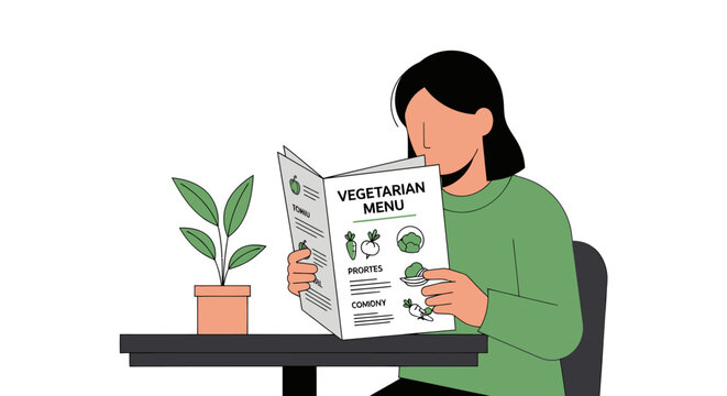 Woman Reading Vegetarian Menu at Restaurant Table.