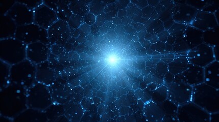 Cosmic Energy Surge: An abstract and captivating image of a luminous, radiant blue light emanating from a central point, surrounded by a network of interconnected hexagonal patterns.