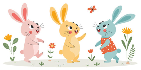 Cute Bunny Friends Catch a Butterfly in Spring Garden. Cartoon Rabbit Characters. Kids Illustration. Nursery Wall Art. Easter and Spring Concept. Flat Vector Design.