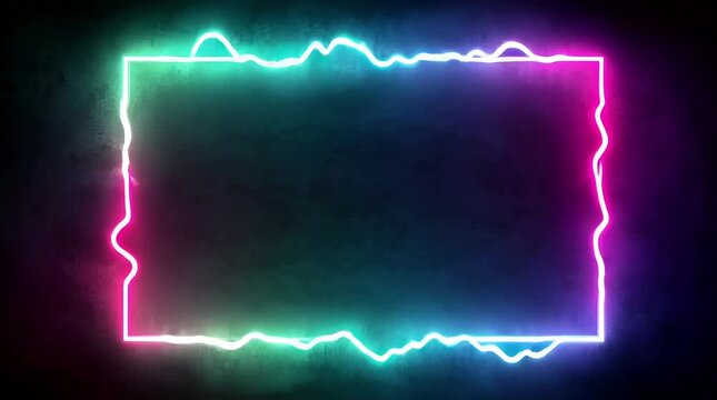 Wavy neon rectangle frame with blue and pink glowing edges against a textured concrete wall, dark moody atmosphere