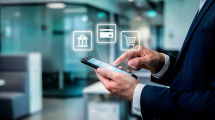 Businessman using smartphone for mobile banking, online payment, and ecommerce transactions with digital icons overlayed in a modern office environment