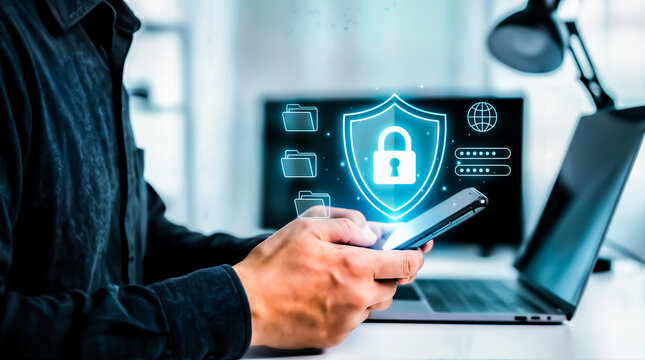 Cybersecurity concept with glowing shield and padlock icon on smartphone screen, held by a person using a laptop in an office setting, data protection and digital security theme