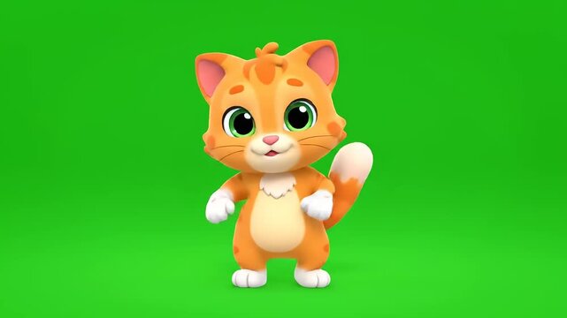 Adorable 3D Rendered Animated Orange Tabby Cat Character Standing Playfully on a Vibrant Green Screen Background for Easy Compositing in Children's Videos and Engaging Digital Projects