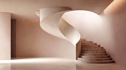 Architectural Ascent: Captivating view of a uniquely designed spiral staircase, its curves and lines creating a sense of movement and architectural beauty. bathed in soft, natural light.
