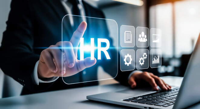 Businessman touching a digital screen with hr text and icons, representing human resources management and digital transformation in business operations and personnel strategy