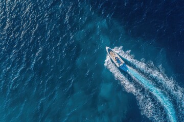 Vibrant aerial view of a boat navigating through deep blue waters during sunny weather