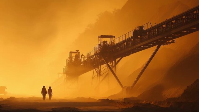Silhouetted workers in dusty mine beside giant conveyor at dawn